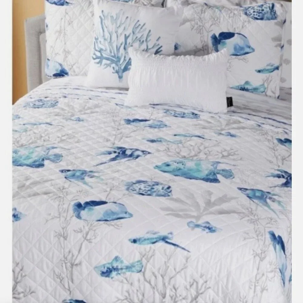 9pc Nicole Miller Blue Fish Coral Ocean QUEEN Quilt Set Sham Sheet Throw Pillow